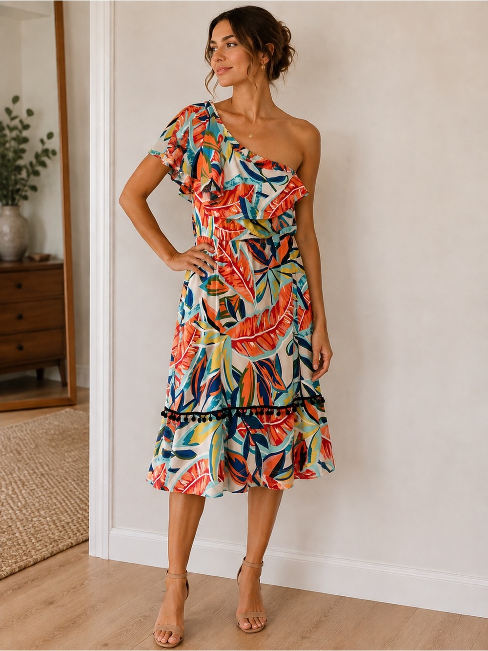 Notations Women’s Large Tropical Floral One Shoulder Ruffle Midi Dress